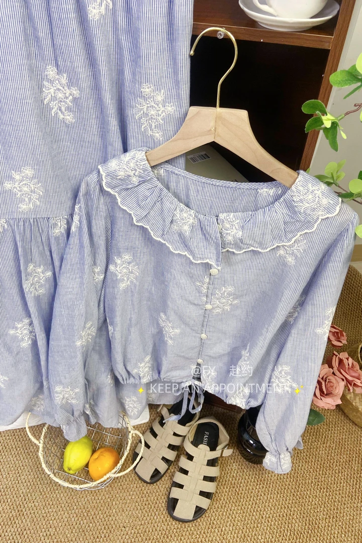 FY韩系气质温柔娃娃领提花小衫+百搭高腰显瘦半身裙套装