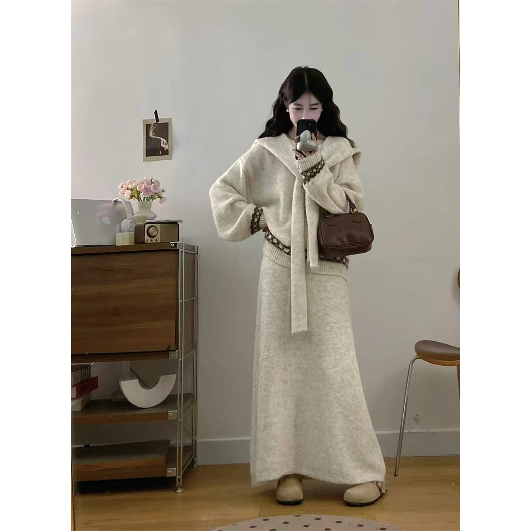 大码胖mm韩系提花V领披肩针织毛衣女高腰半身裙宽松慵懒风两件套