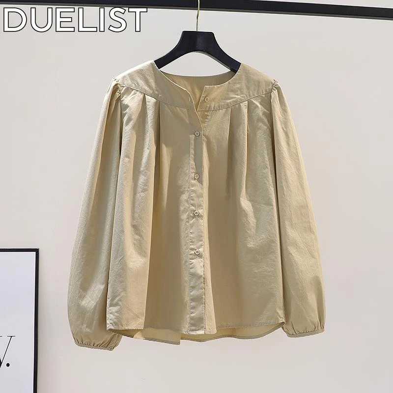 DUELIST时尚百搭爆款流行拼接圆领宽松灯笼袖褶皱棉衬衫上衣女潮