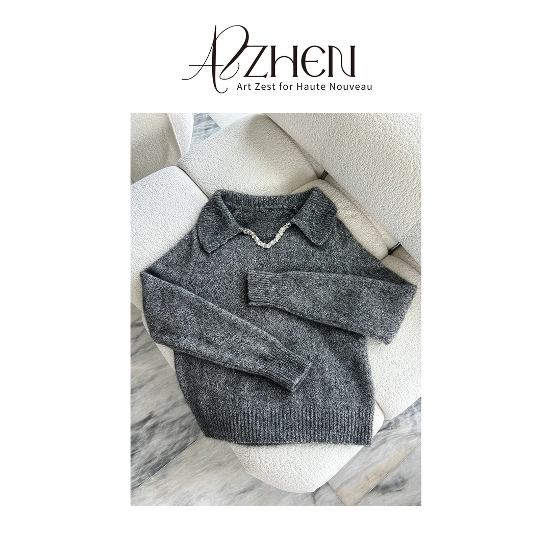 AZZHEN【高智老钱】高级感翻领亮片慵懒氛围感毛衣AZ5PBS10-ZS