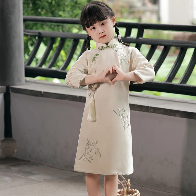 中式女大童改良旗袍裙2025新款七分袖连衣裙民国风儿童高端旗袍裙