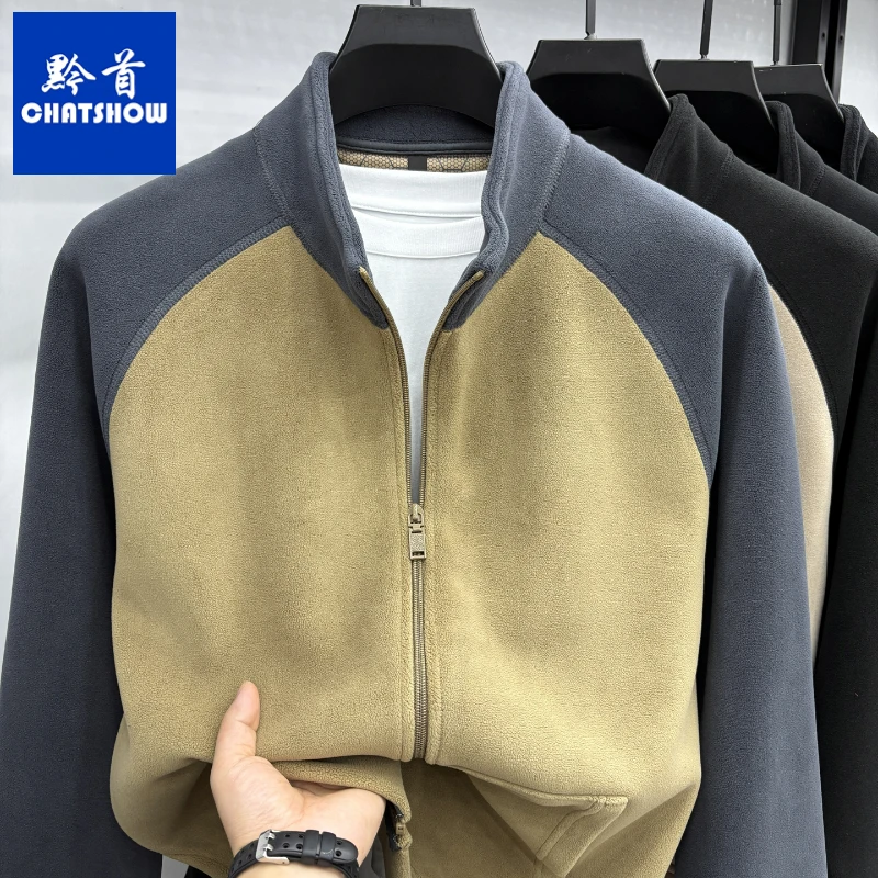 爆款重磅奥利绒原版拼色男士立领夹克秋冬加绒加厚保暖外套抓绒衣