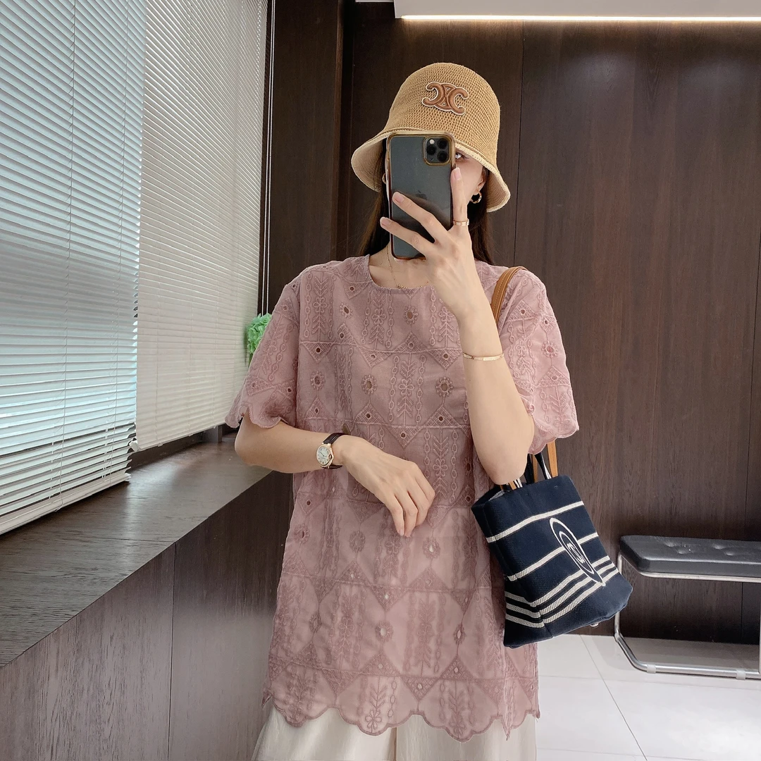 IMFLY金小金自制女装 小衫DYW9393设计感薄款刺绣镂空圆领小衫