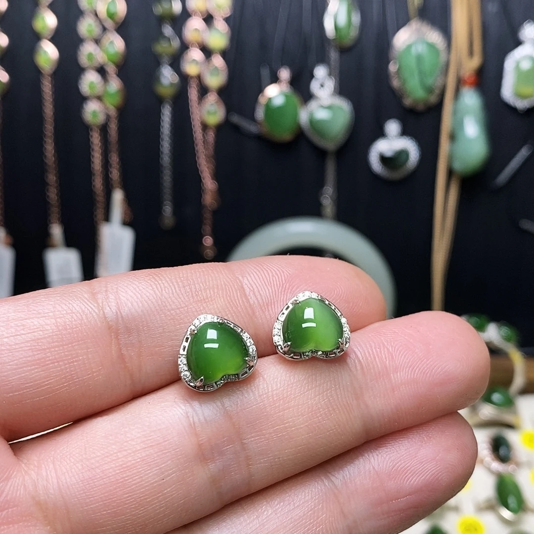 和田玉（碧玉）银S925镶嵌耳饰
