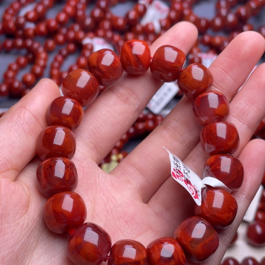南红玛瑙未镶嵌其他（原矿）13mm顶品瓦西牛血红火焰老型手串
