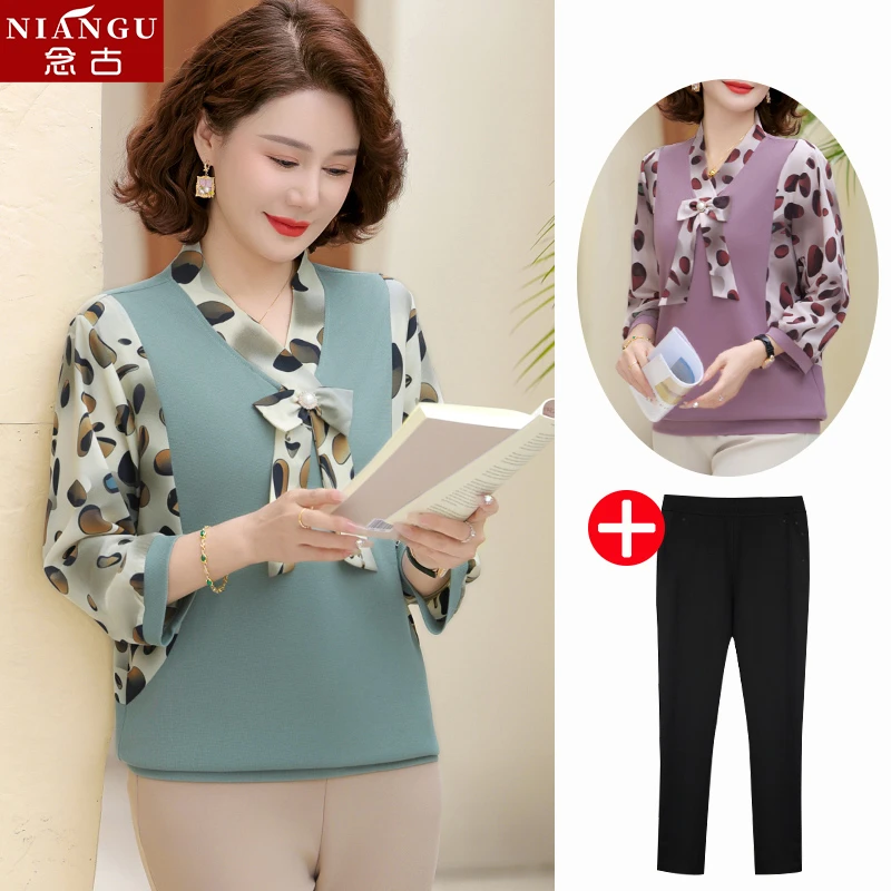 时尚妈妈春装新款减龄打底衫洋气中老年女宽松七分袖上衣气质小衫