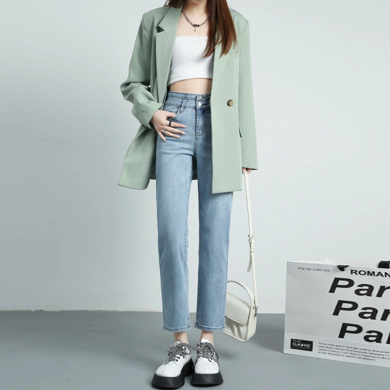 直筒牛仔裤女春装2025年新款小个子高腰显瘦宽松弹力九分烟管裤子