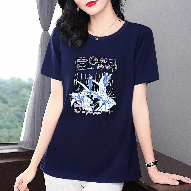 大码女装夏季2025新款宝蓝色印花短袖t恤宽松显瘦遮肉中长款上衣