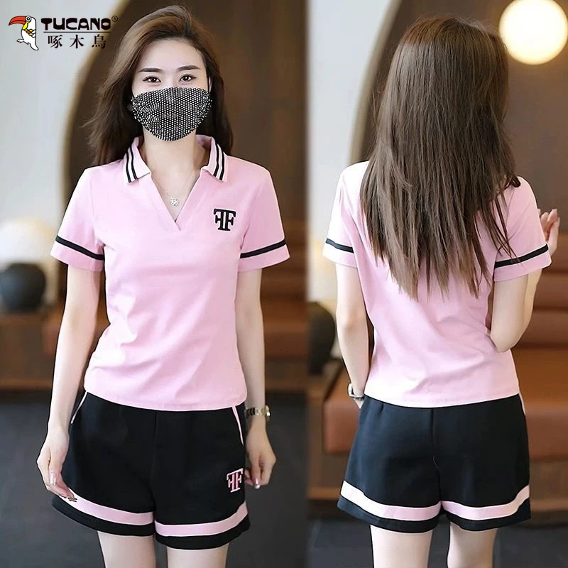 啄木鸟新款纯棉POLO领运动套装女夏季宽松显瘦休闲短袖短裤两件套