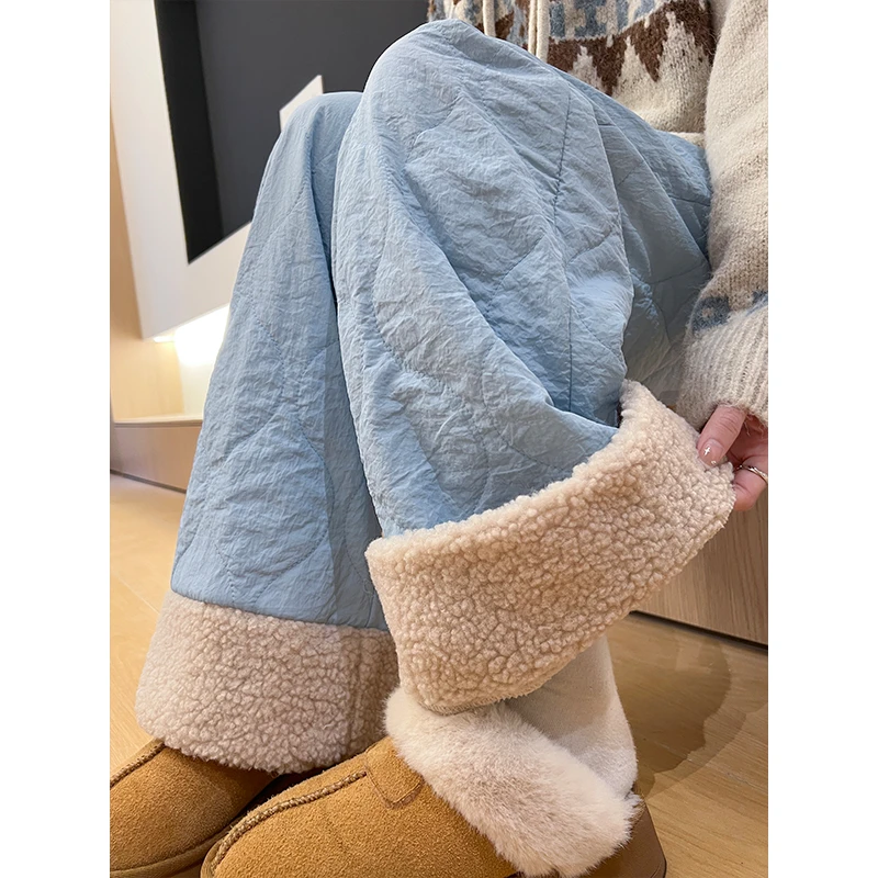 防风棉裤女外穿秋冬季摇粒绒东北保暖加绒加厚高腰羊羔绒阔腿裤子