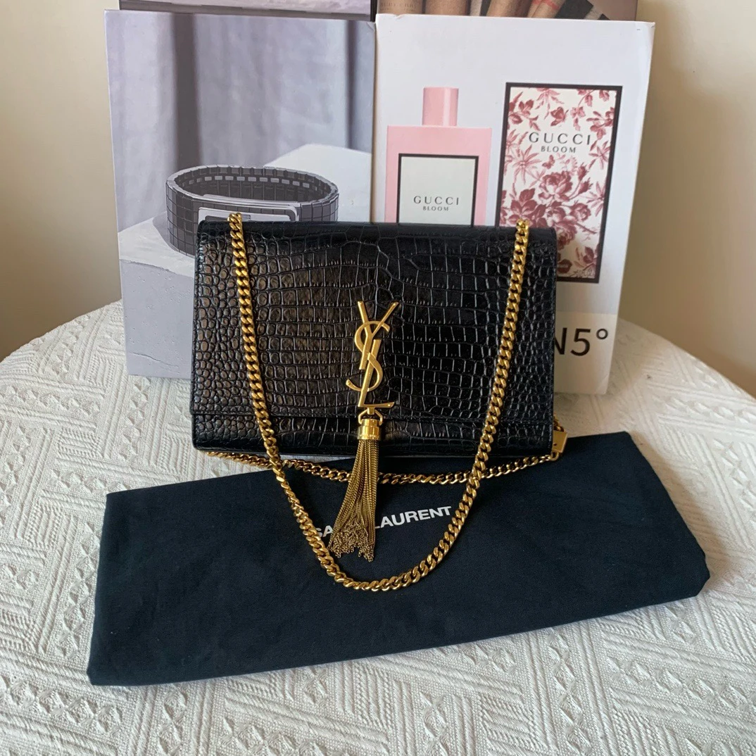99新 YSL/圣罗兰 黑金压纹流苏kate中号18编码