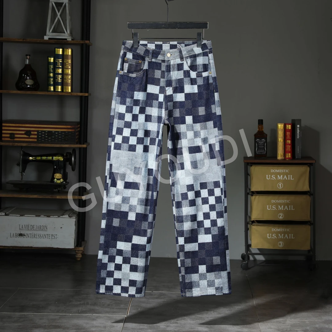 春秋男女同款牛仔裤男士休闲百搭宽松格子直筒裤牛仔裤百搭拖地裤