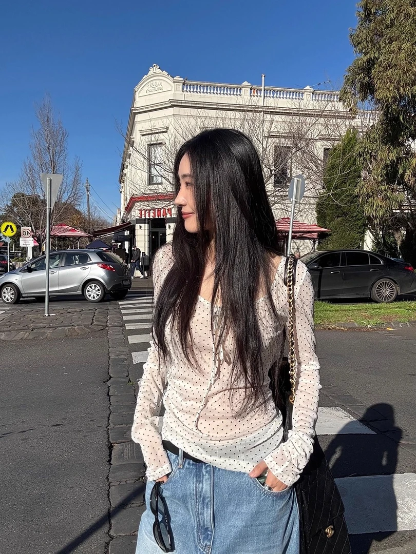 ONEXH·IN choose u2025年秋季显瘦大方领系带长袖波点网纱上衣女