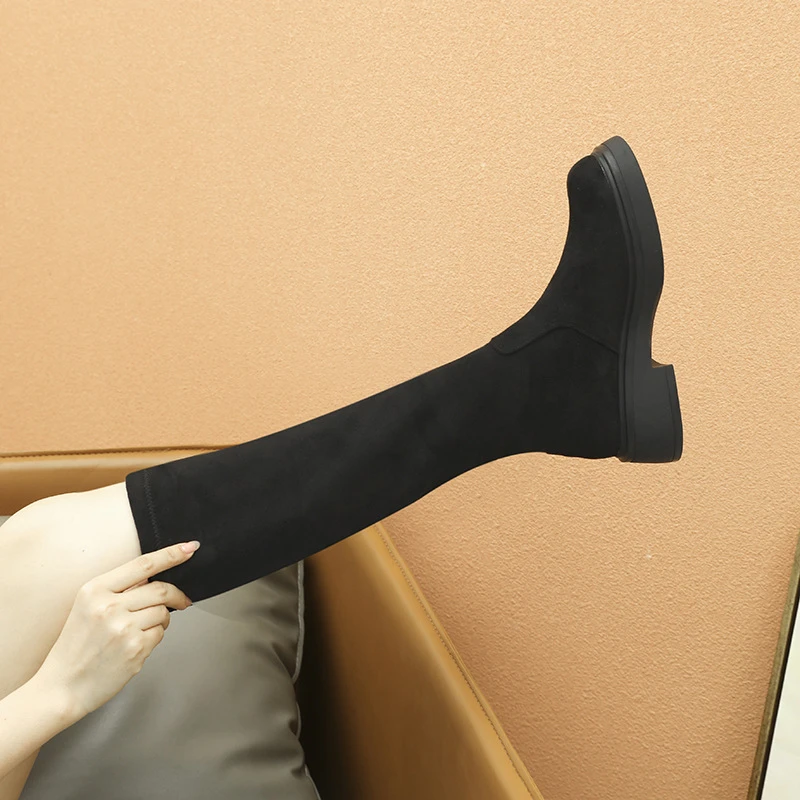 百搭绒面长靴女2025秋冬款长筒靴复古弹力骑士靴英伦显瘦高筒靴子