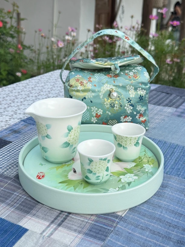 绿色渐变绣球花茶海带两杯哑光手感好陶瓷茶壶家用