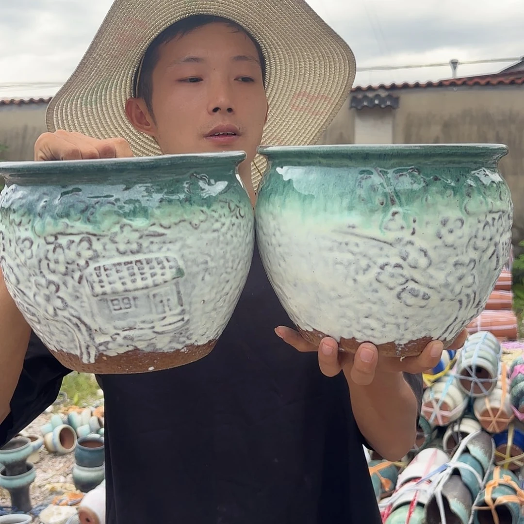 紫砂花盆绿房子两个口径20高度17