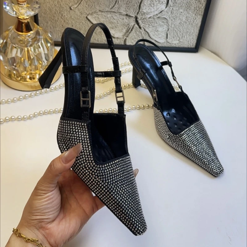 银色高跟鞋细跟女夏2025新款尖头水钻单鞋绝美配裙子包头凉鞋外穿