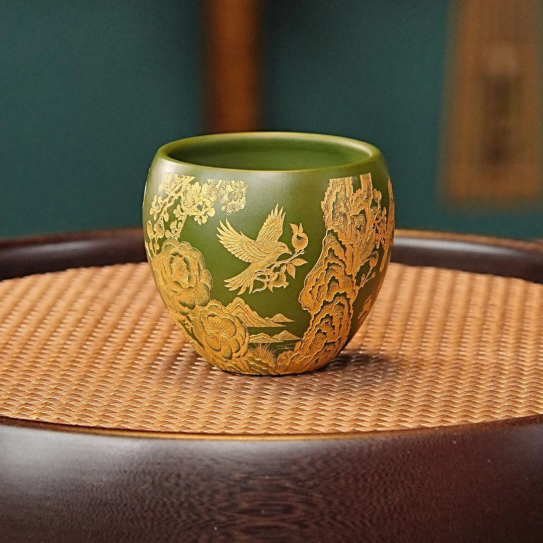宜兴全手工紫砂茶具 原矿绿泥泥料刻绘花开富贵主人杯品茗杯