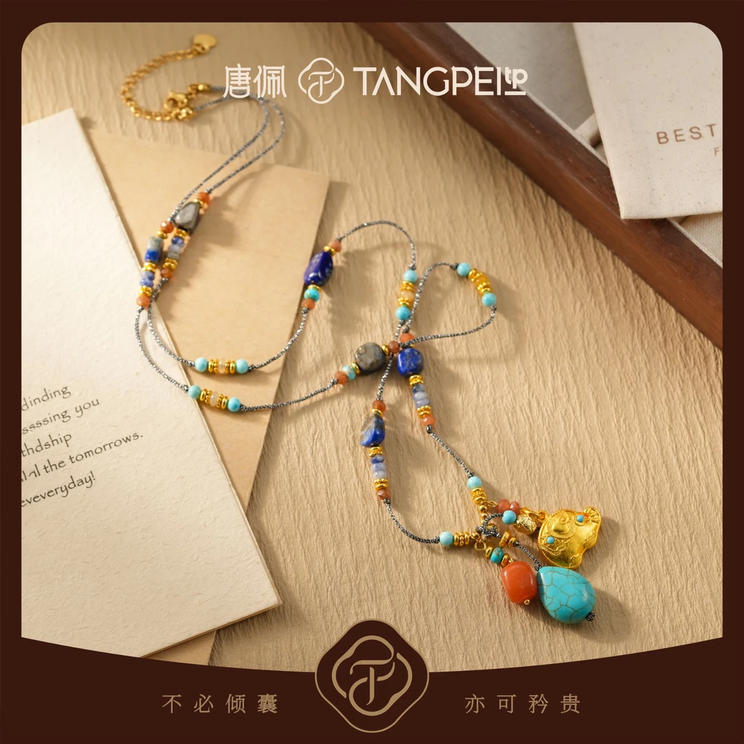 铜合金布艺项链 设计感复古蓝色串珠吉祥小象流苏项链时尚饰品