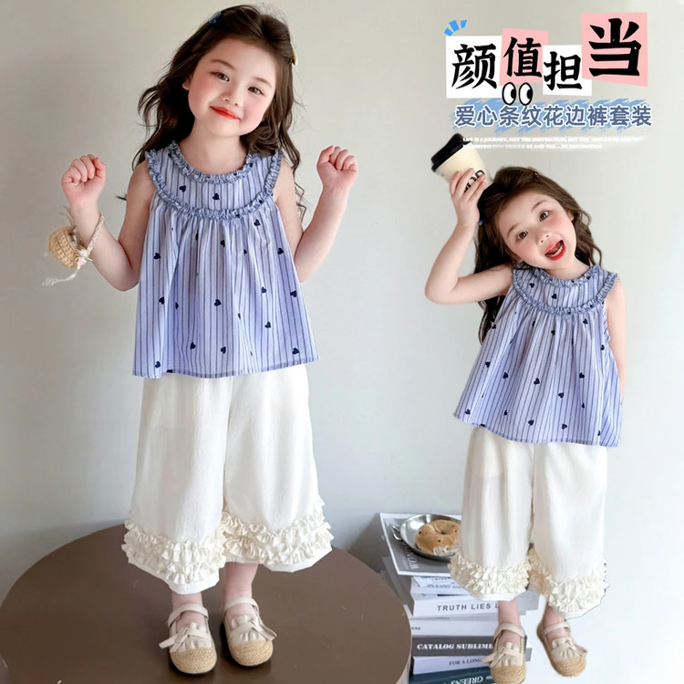 儿童夏季韩版岁女童140cm适用蓝色薄款棉材套头无袖加两件套中
