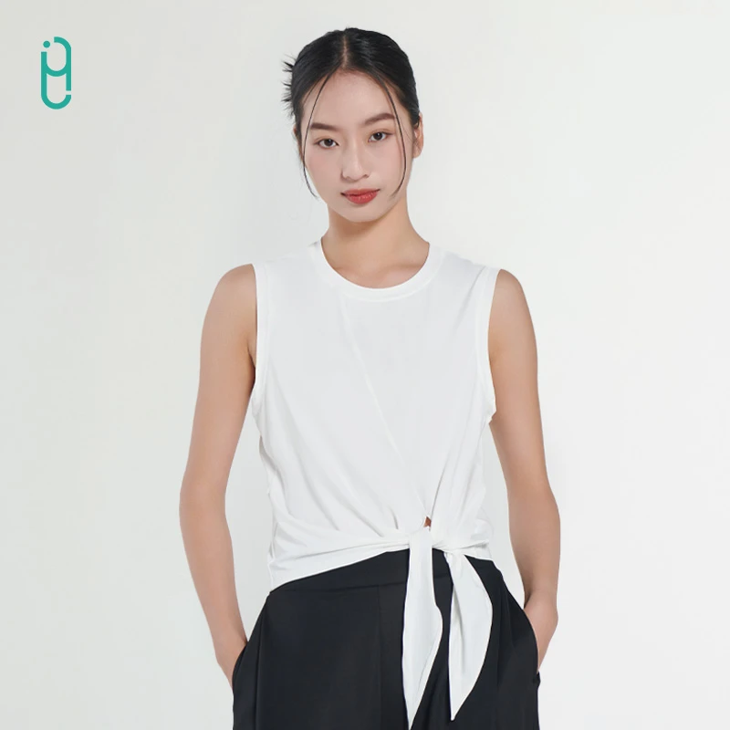 YLI运动速干背心女士瑜伽罩衫健身训练服跑步无袖T恤上衣绑带设计