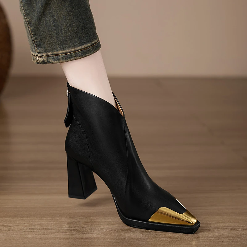 小个子手工女鞋8.5cm~高跟女靴简约时装靴尖头粗跟百搭马丁靴短靴