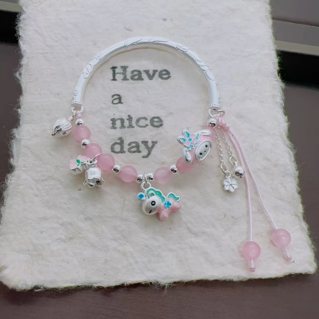 足银手链 足银999半镯马儿童可爱亲子彩色少女时尚可调节精致百搭