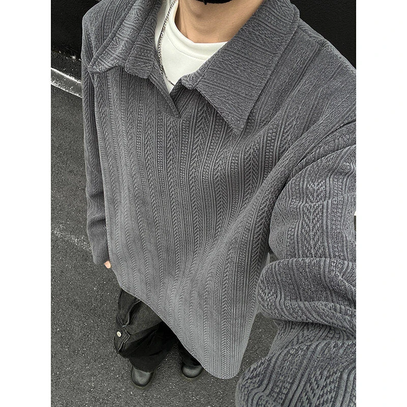 麦穗纹翻领重磅长袖T恤男潮牌美式轻熟风宽松加绒加厚卫衣打底衫