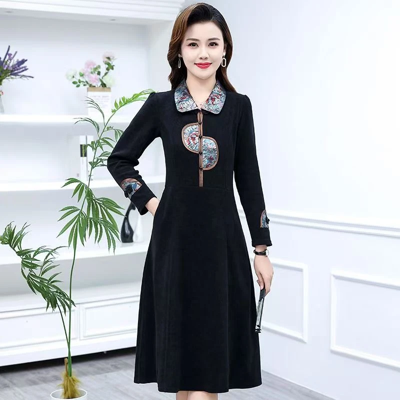 10794-妈妈拼接连衣裙新款春秋显瘦夫人气质裙子薄款