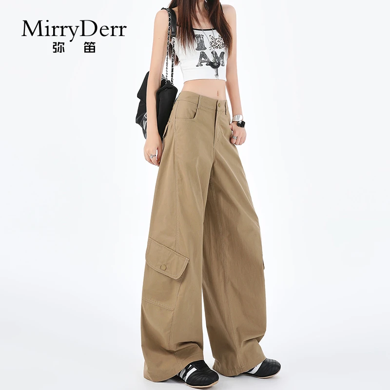 MirryDerr/弥笛卡其色工装裤女2025夏季新款高腰酷飒风弯刀阔腿裤