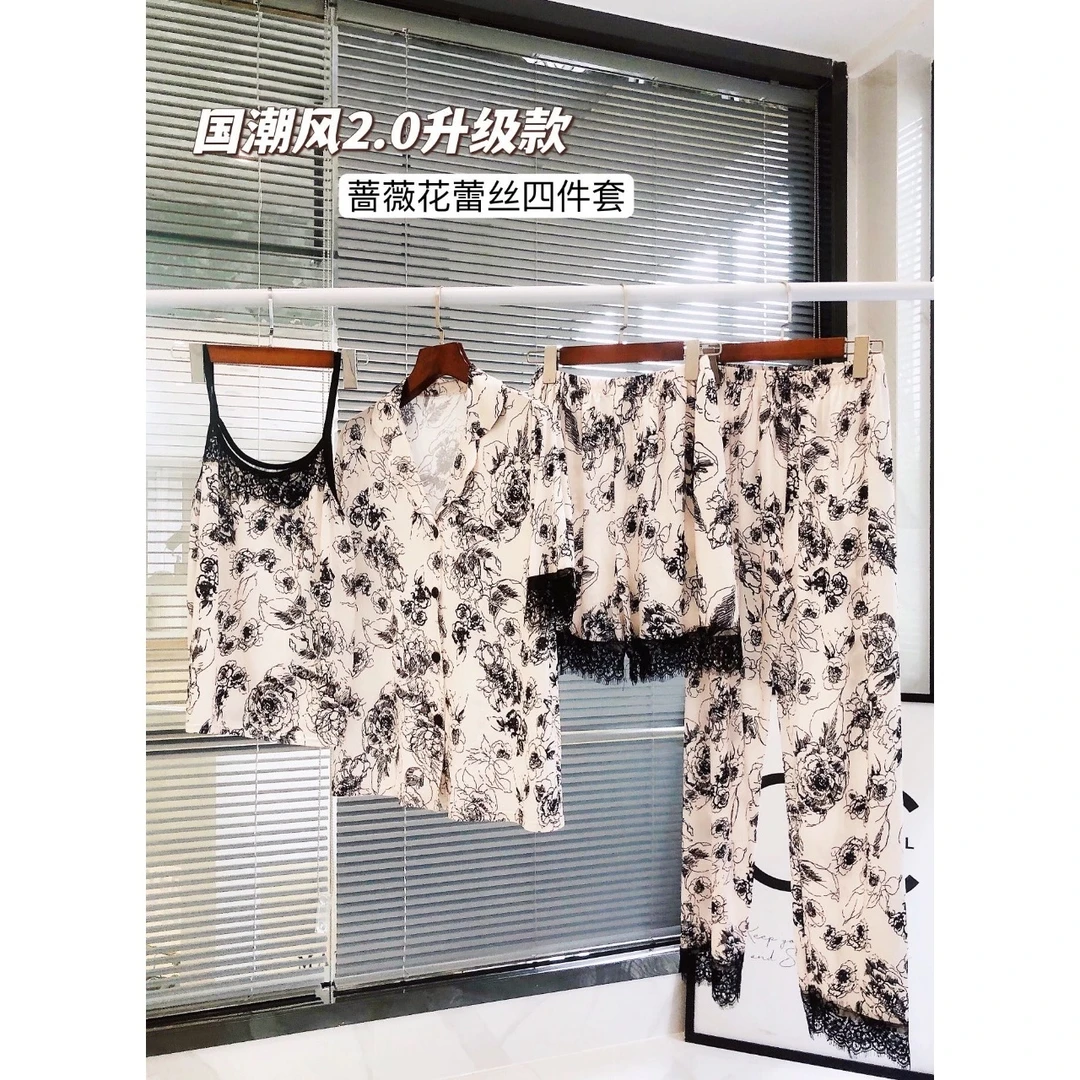 国潮风2.0升级款蔷薇花蕾丝四件套睡衣Z5884