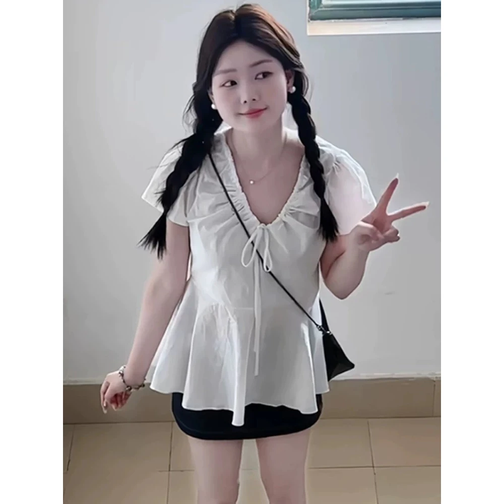 大码韩系抽绳V领短袖衬衫女2025夏季新款百搭休闲遮肉显瘦上衣