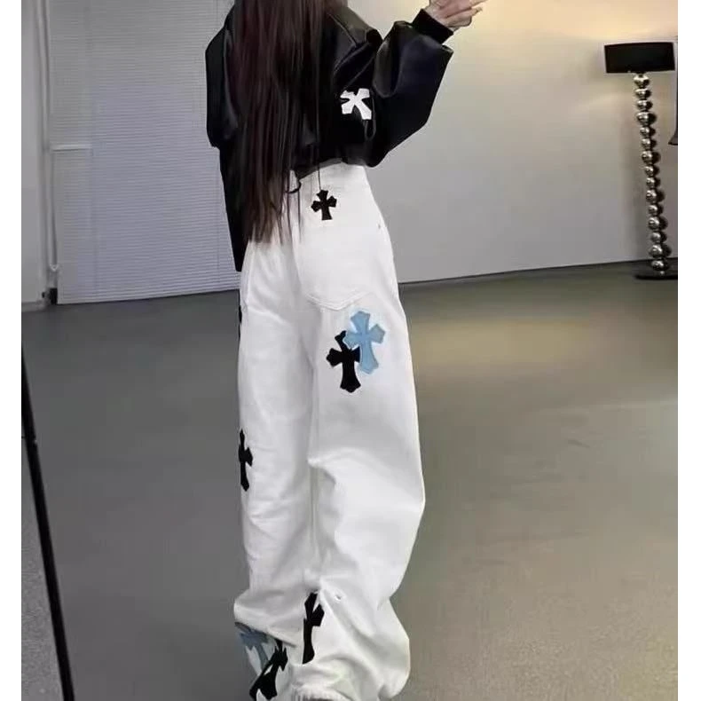 HI-9015-男女同款秋季直筒刺绣韩版休闲运动复古牛仔裤