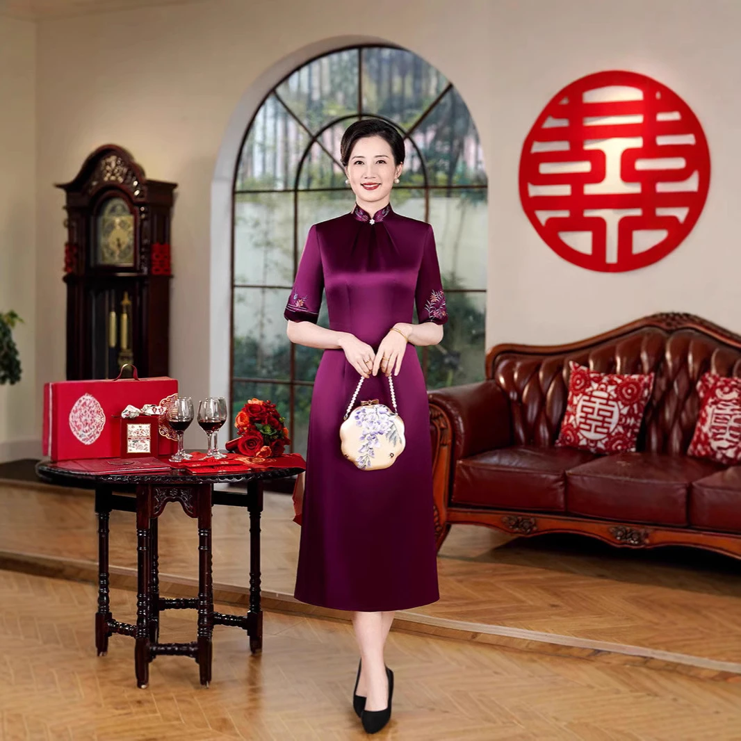 【深紫+酒红】进口三醋酸苏绣改良旗袍裙喜妈妈婚宴礼服裙喜婆婆L