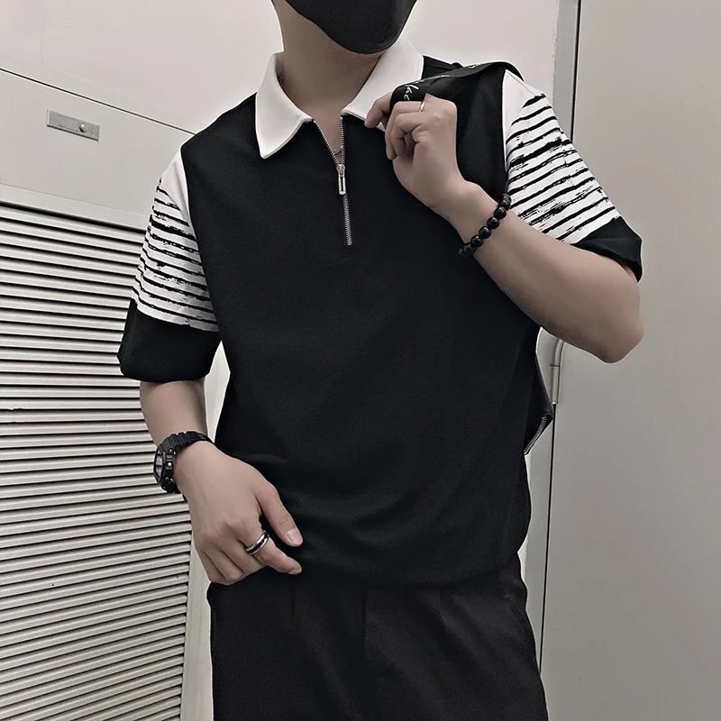拼接条纹撞色Polo衫男士夏季短袖半拉链T恤2025新款潮牌男装上衣