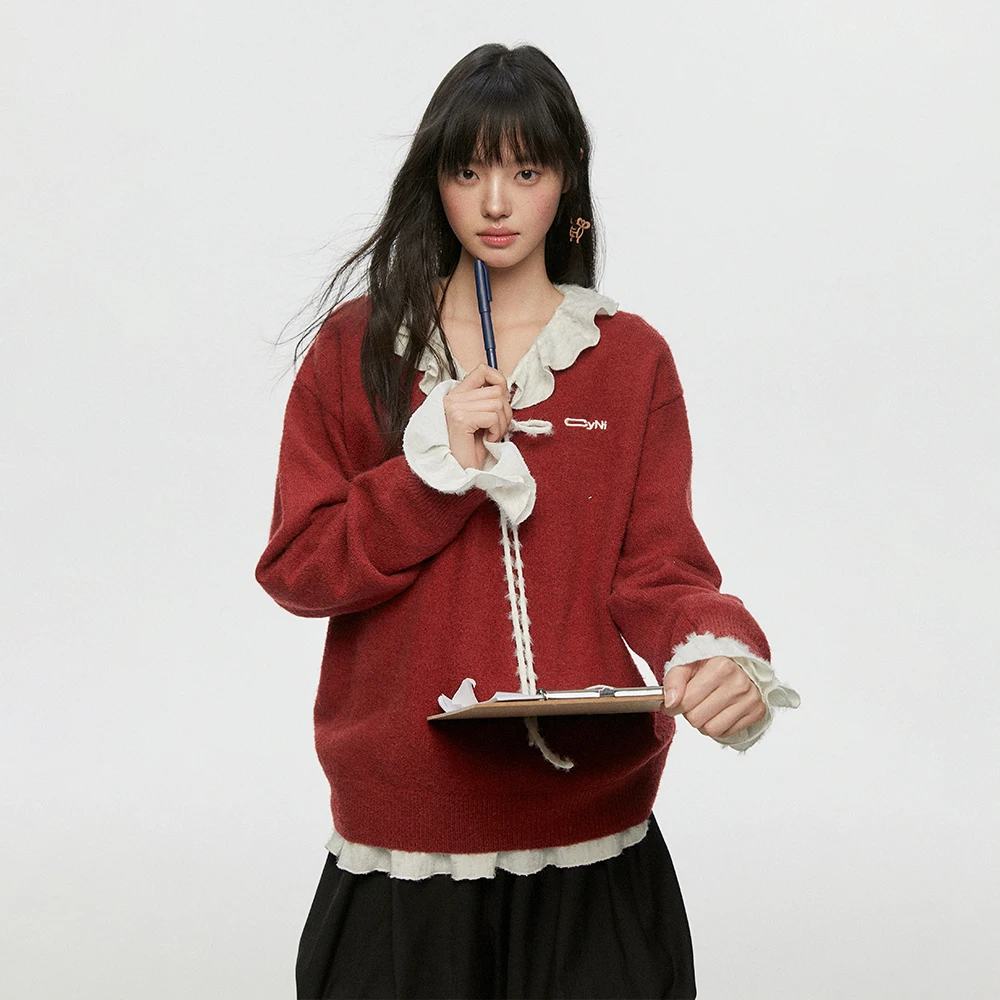 CyNi 基础简约甜美减龄显瘦马海毛V领基础针织红色毛衣女o