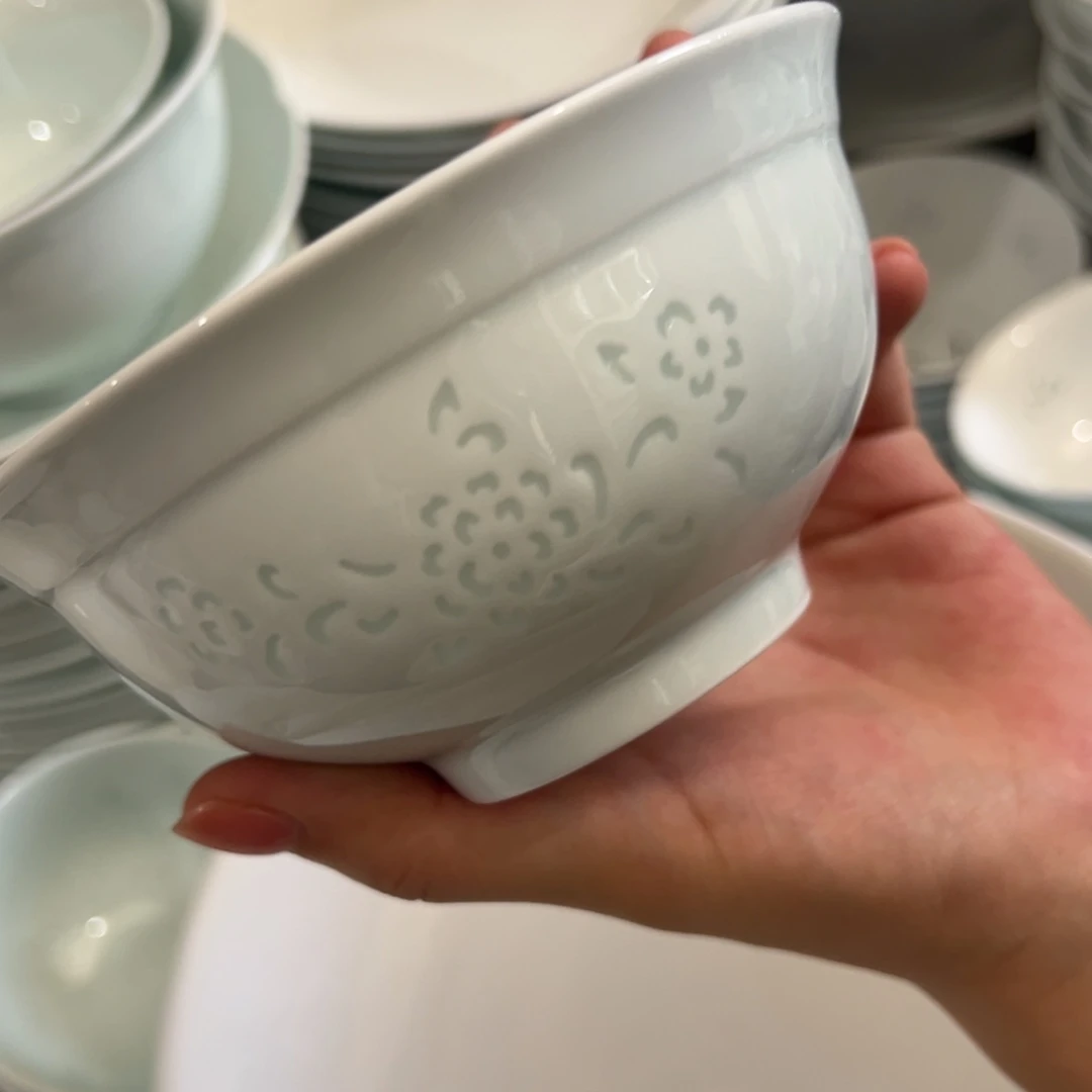 瓷影青玲珑缠枝莲5英寸饭碗4个