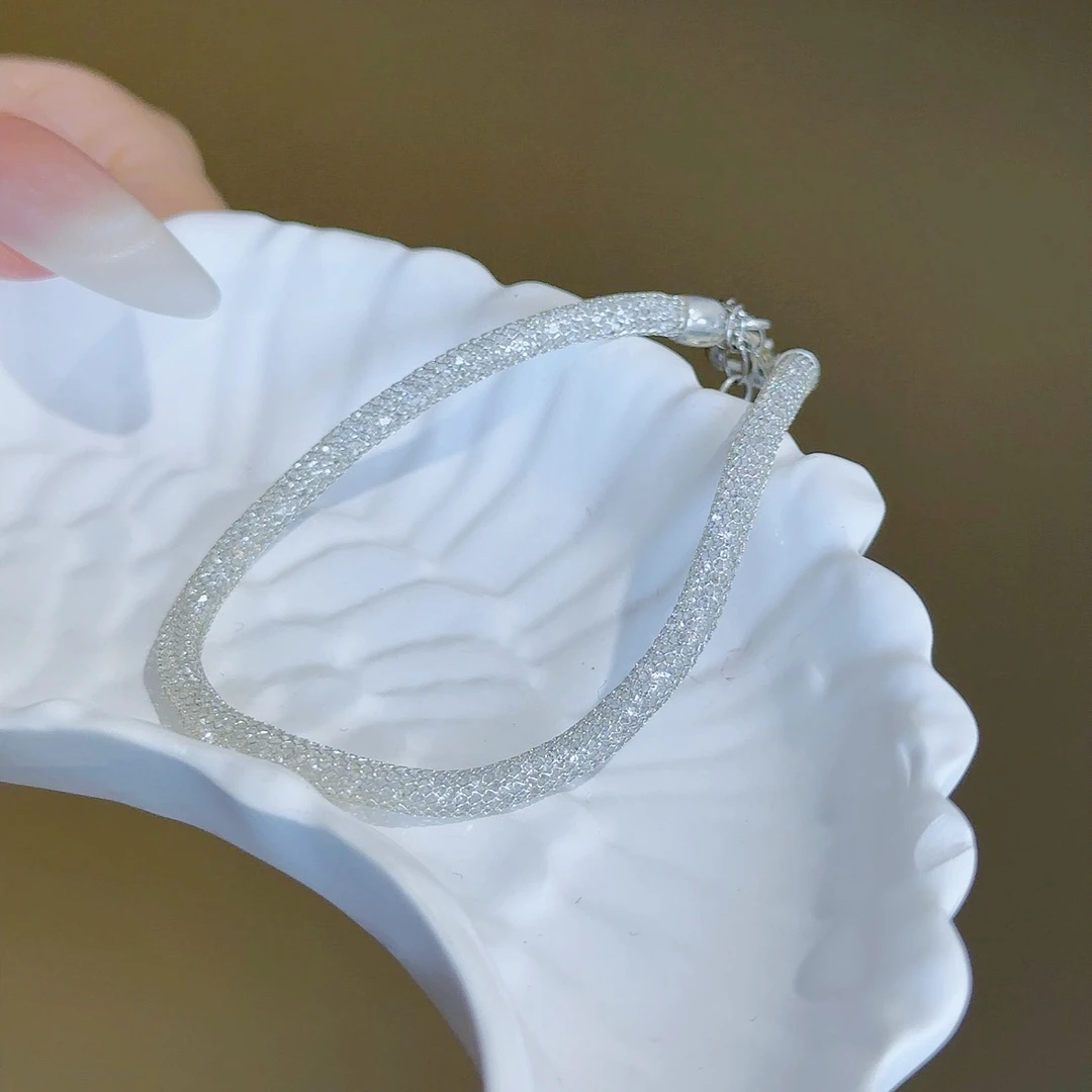 925银合成锆石手链 意大利进口工艺钱袋子网面手链小众设计简约