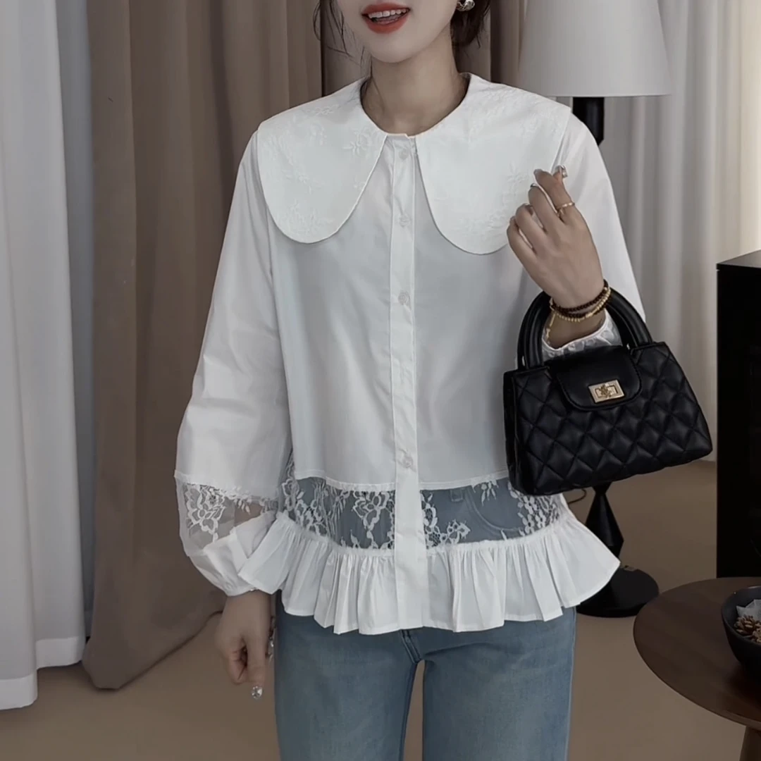 伟丽店3104款【娃娃脸领衬衫】春季蕾丝拼接摆娃娃脸领衬衫设计感