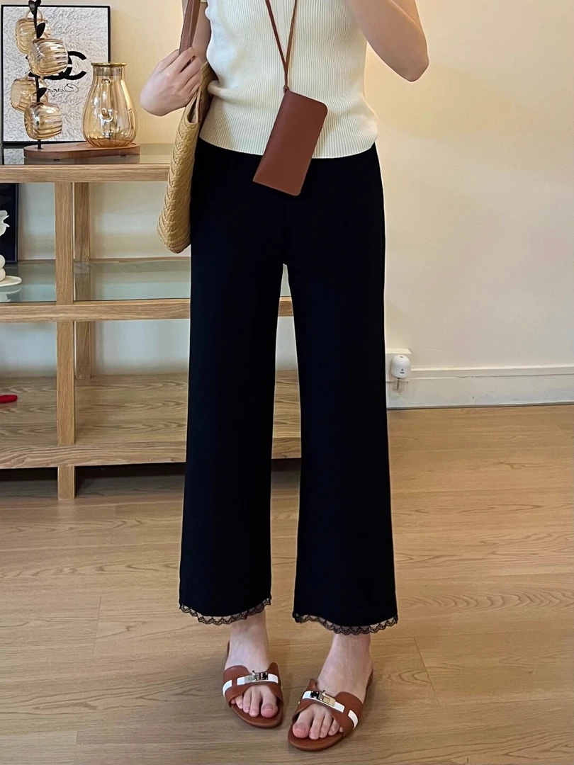 黑色蕾丝边休闲裤女2025夏季薄款小个子微胖高腰显瘦九分微喇裤子