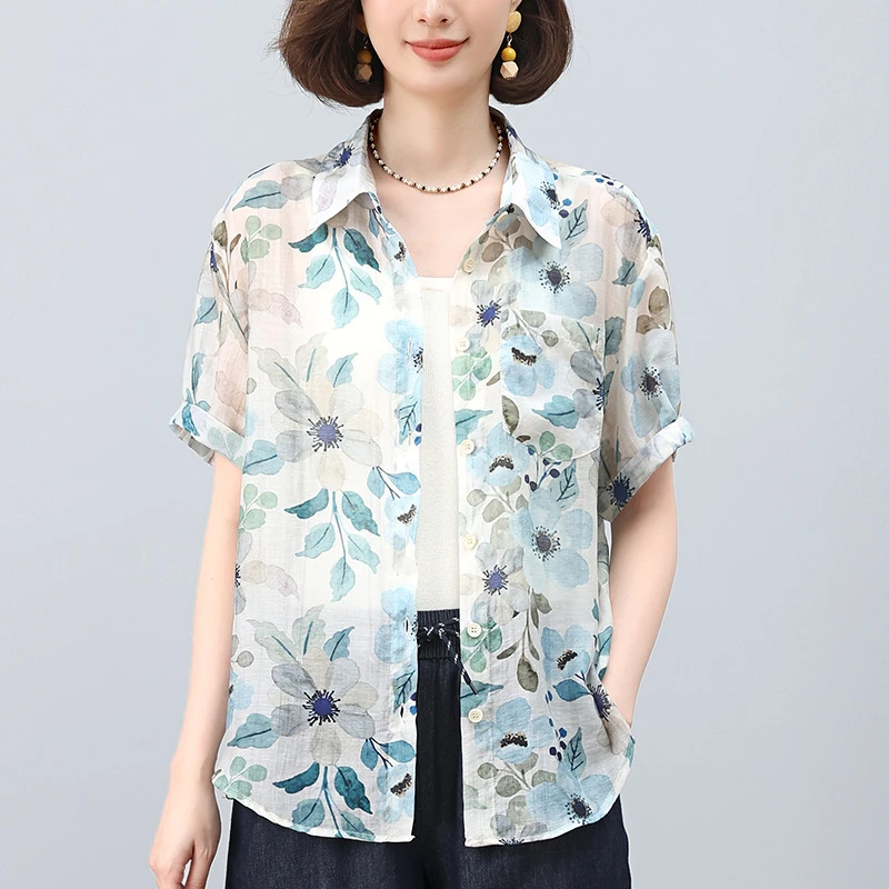 2552印花短袖衬衫女夏季2025年新款中年妈妈宽松休闲气质翻领衬衣