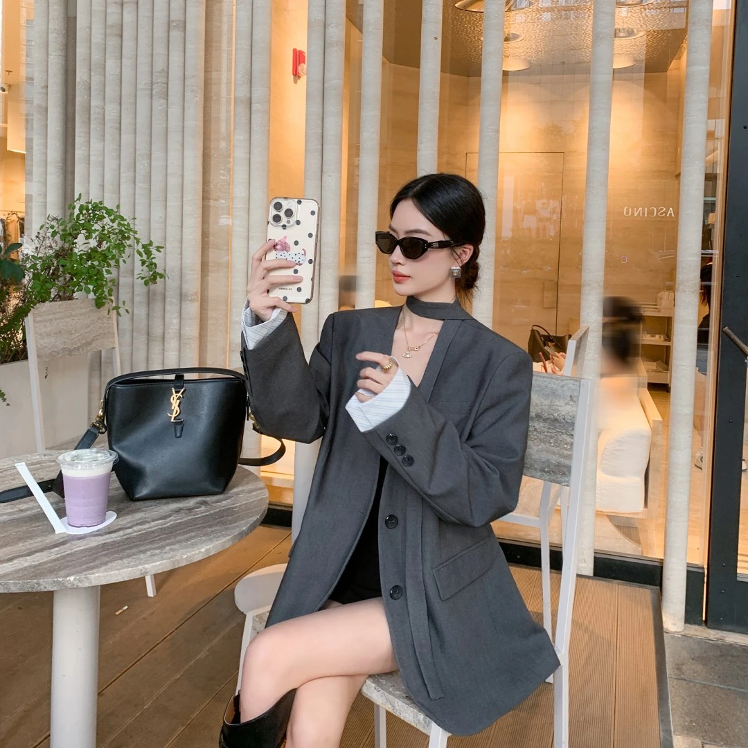 缤菓binguo 飘带设计灰色无领西装女2025秋新款宽松气质休闲外套