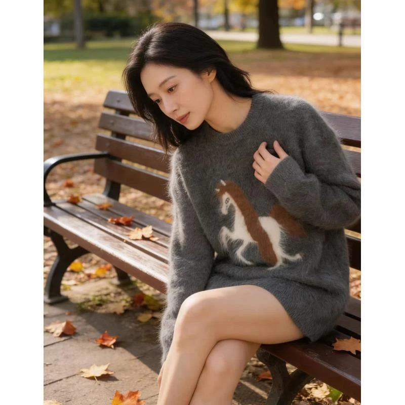 【段公子优选】冬季羊绒时尚法式拉绒潮牌女装宽松针织衫百搭25107