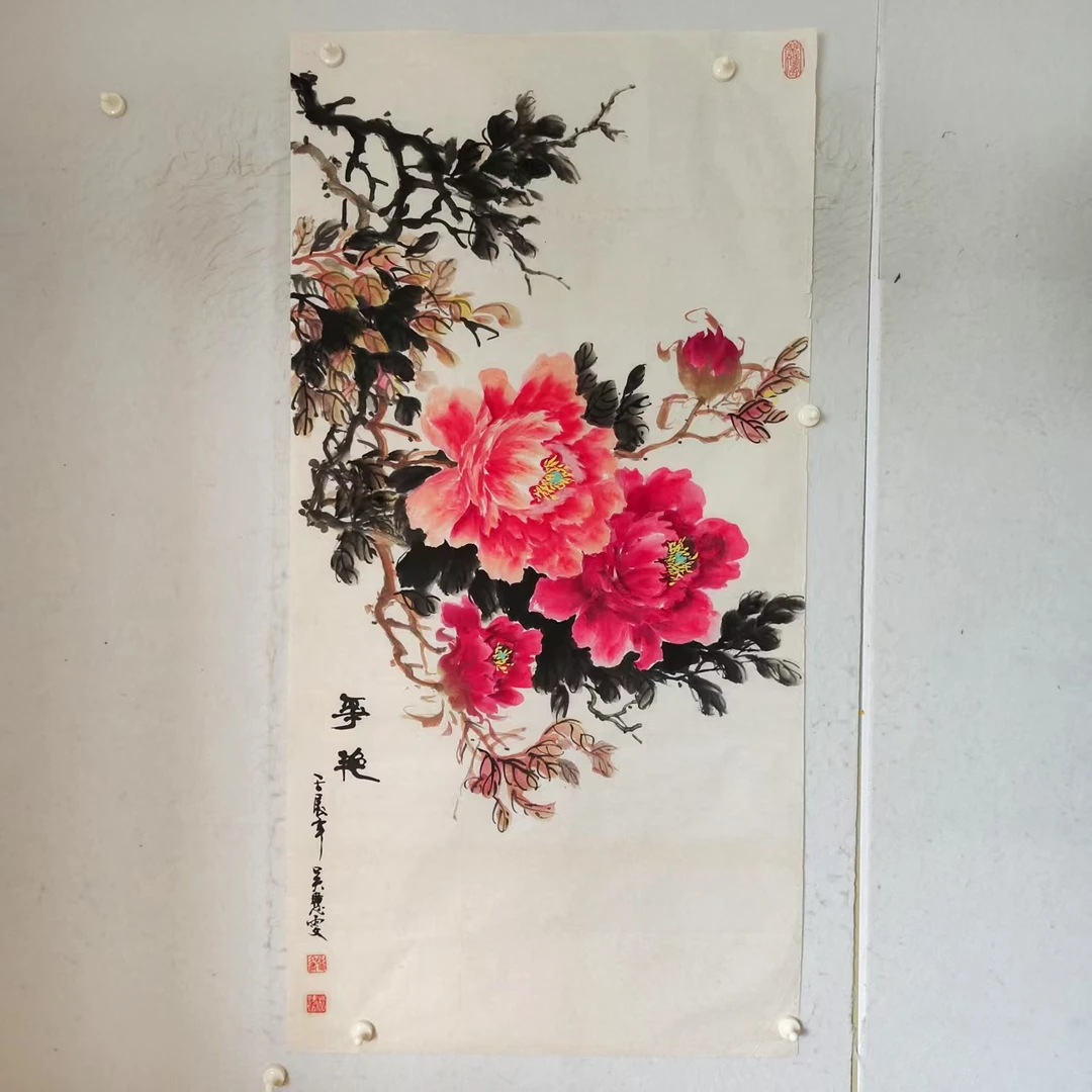 4812 纯手绘老字画《牡丹》中堂  尺寸 137×68