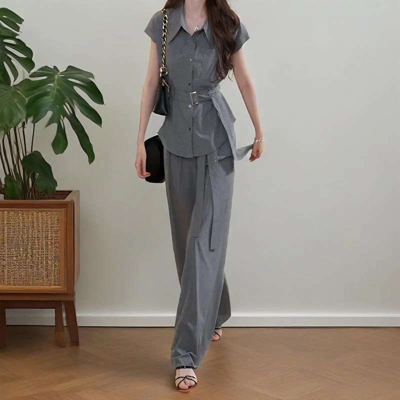 时尚灰色套装女2025夏季新款韩版修身收腰系带衬衫百搭长裤两件套