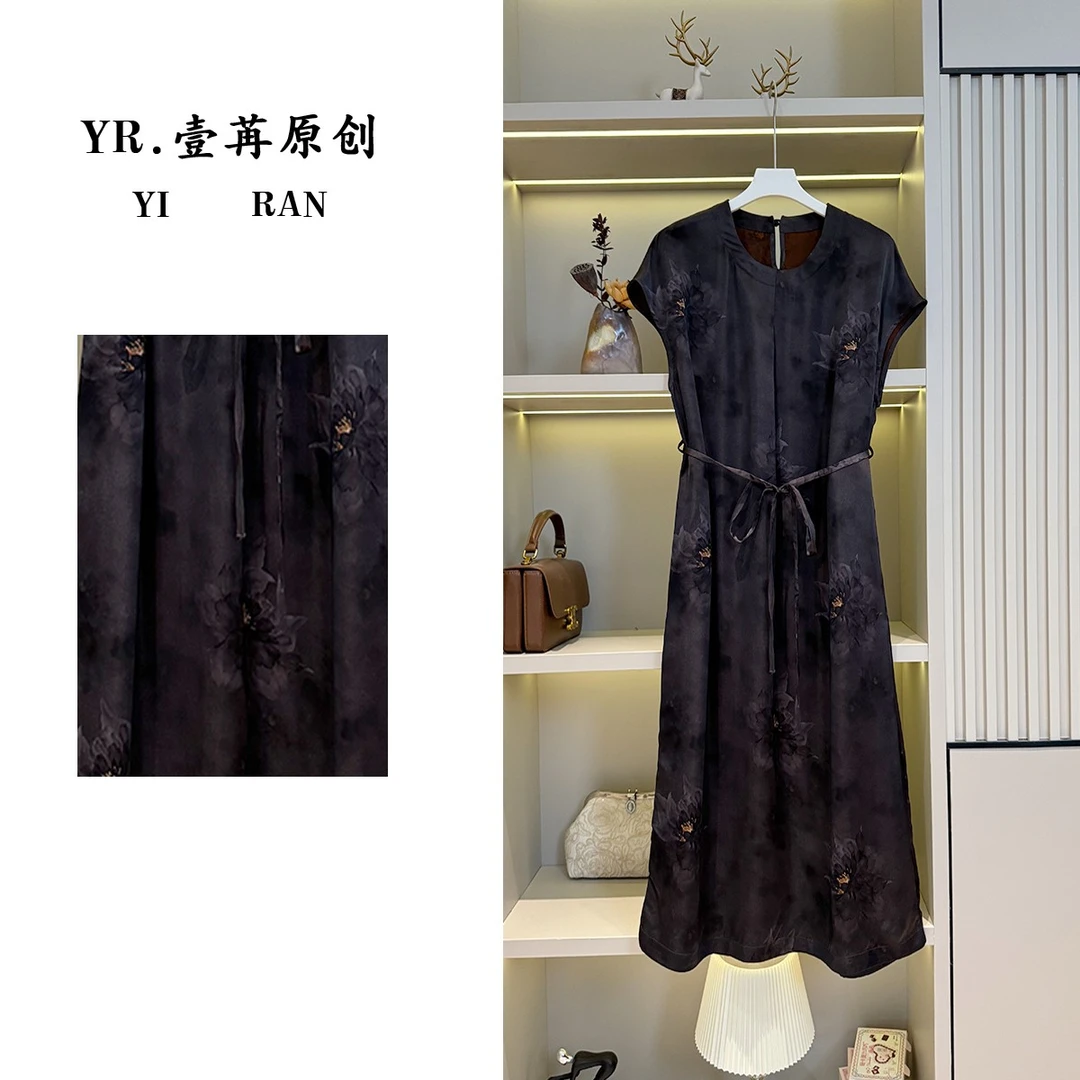 壹苒原创【黑牡丹】中式改良版设计师油皮老料气质宽松连衣裙YC7607