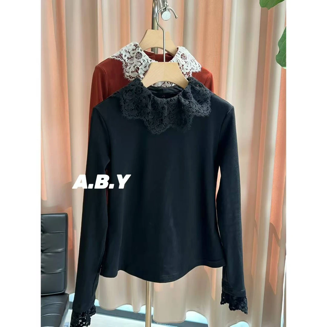 【光年之外】蕾丝娃娃领收腰显瘦气质百搭时尚修身长袖T【241230-1】