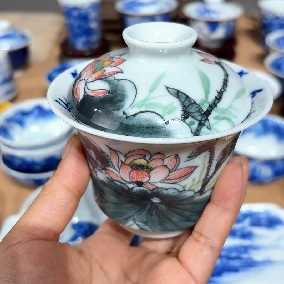 绽***花景德镇纯手工手绘盖碗
