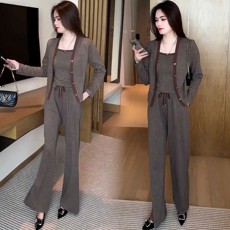 小个子时尚气质套装女2025年春秋新款休闲百搭上衣吊带长裤三件套