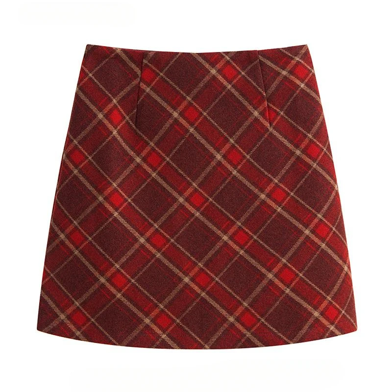 复古红格子半身裙短裙女2025新款秋冬毛呢a字裙高腰包臀裙小个子